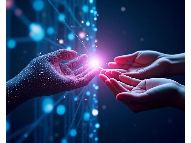 成長するニューラルネットワークと人間の手を示す抽象的なグラフィック