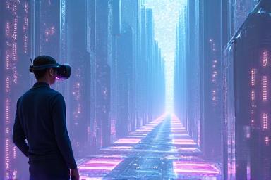 未来的なVR環境を探索する人物のコンセプト